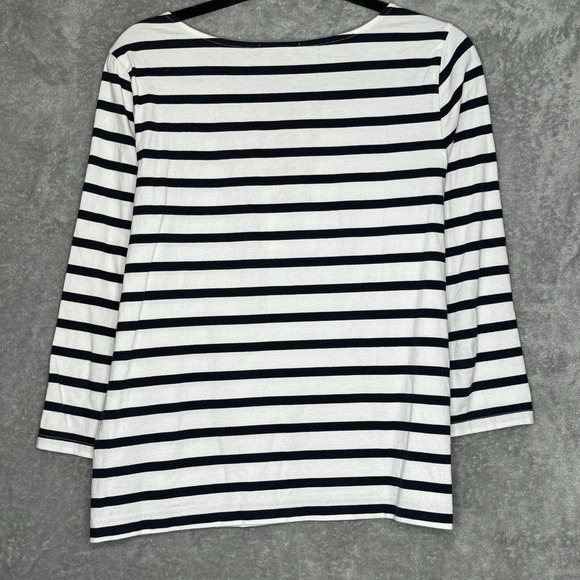 Gap Medium Top Shirt Navy Blue White Striped 3/4 Sleeve Keyhole Scoop Neck Knit - Picture 5 of 5